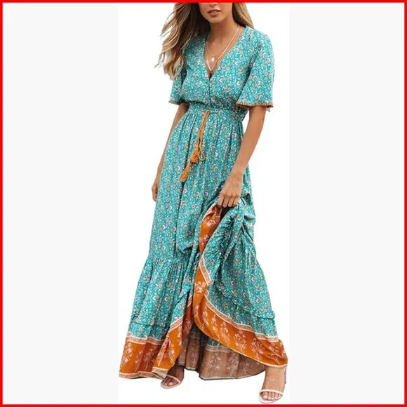 Summer Midi Dress V-Neck Short Sleeve Floral Print Bohemian Casual - Picture 1 of 7